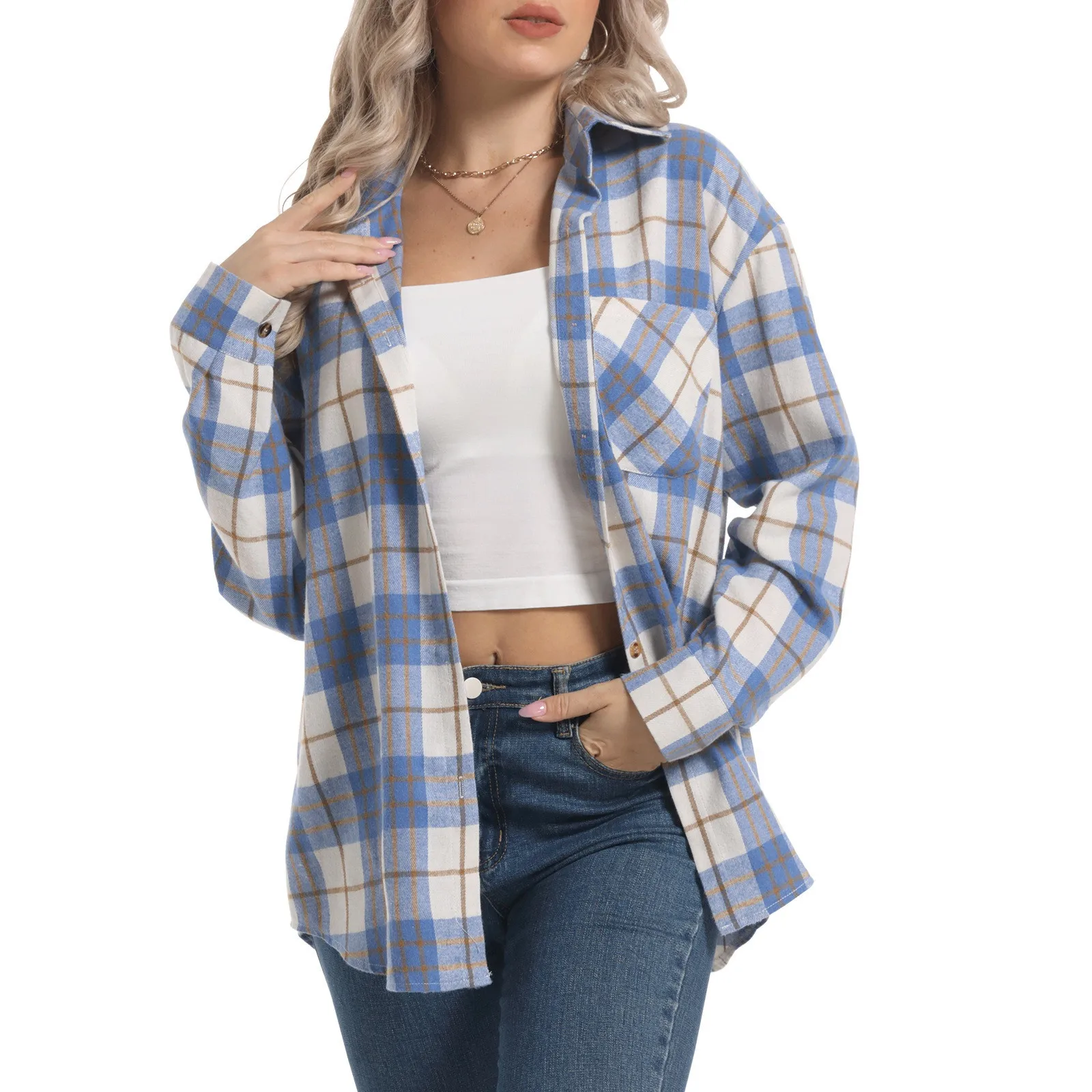 

Women Shirt Jacket Coat Plaid Print Elegant Long Sleeve Lapel Button Down Long Sleeved Top Lapel Loose Shirt Autumn Summer