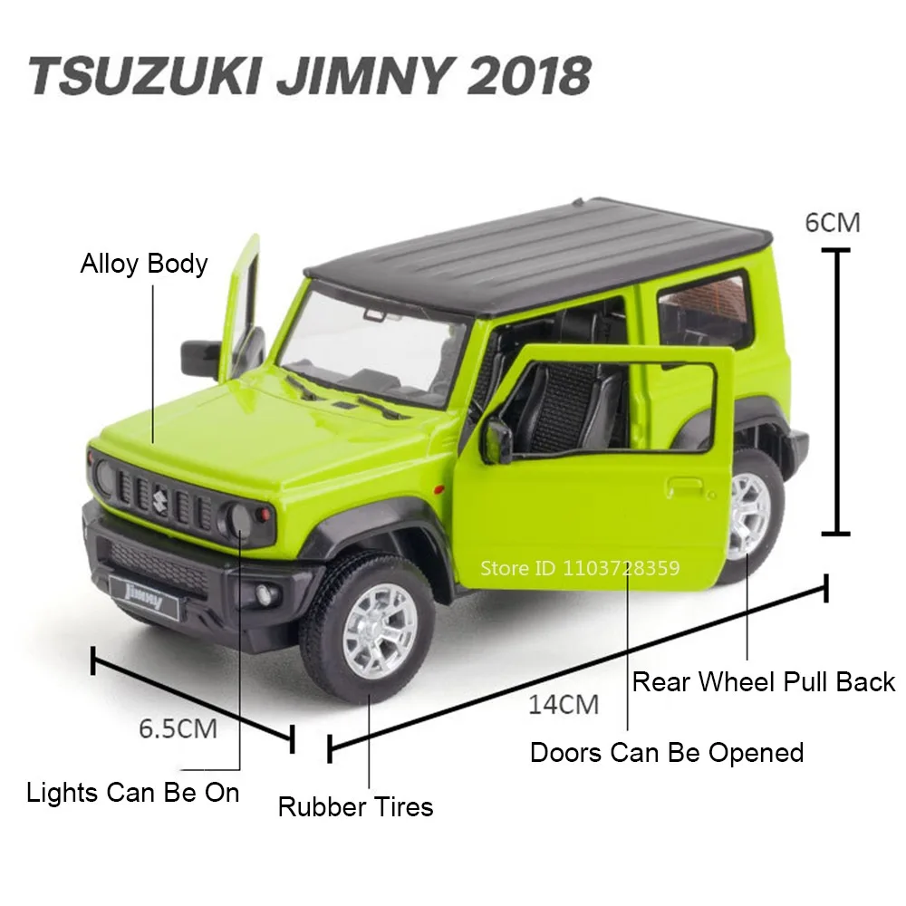 1:26 Modellspielzeug Suzuki Jimny 2018 Autos Legierung Druckguss Ornament Geländewagen Sound Licht Türen geöffnet Zurückziehen für Jungen Geschenke