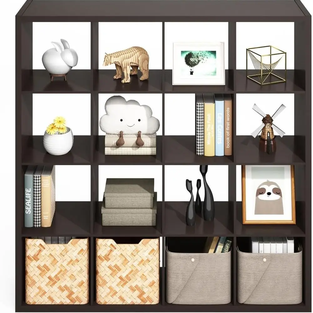 وحدة رفوف خلفية مفتوحة مكونة من 16 مكعبًا - منظم تخزين بإطار سميك للمكتب المنزلي وغرفة المعيشة في بلوط داكن