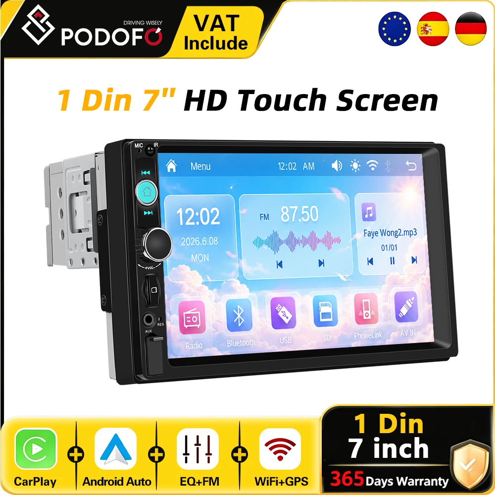 Podofo 7 Zoll 1 Din MP5 Multimedia-Player Kabelloses CarPlay Android Auto Autoradio Stereo BT FM USB Universelles Autoradio Rückfahrkamera Smart Car Systeme Lenkrad-Controller Haupteinheit