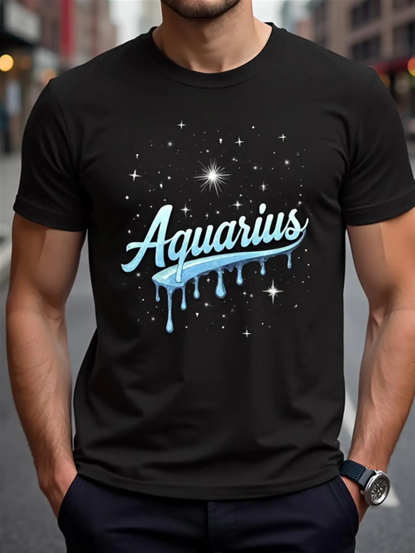 

Men's Aquarius Zodiac T-Shirt in Black with Ice Blue Aquarius Design, Soft and Breathable Cotton T-Shirt Suitable for Birthday or Anniversary Gifts, Everyday Casual Wear, Cosmic Enthusiast Clothing, Holiday Gift Idea, Strong Print