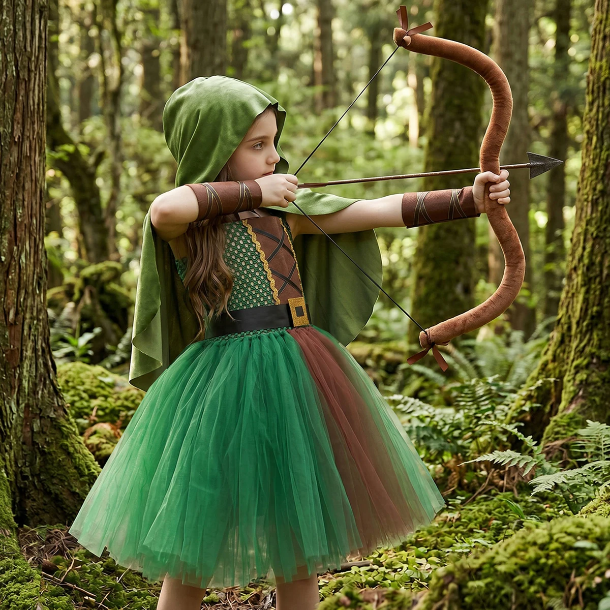 Girls Archer Costume Kids Halloween Hooded Costume Miss Robin Huntress Tutu Dress with Cape Carnival Fancy Party Dress For Girls