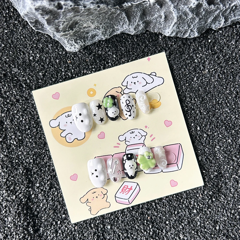 

Kawaii Cartoon 3D Rilakkuma White Bear Handmade Nails Polka Point Note Four-Leaf Clover Wings Star Heart Fresh Press On Nails