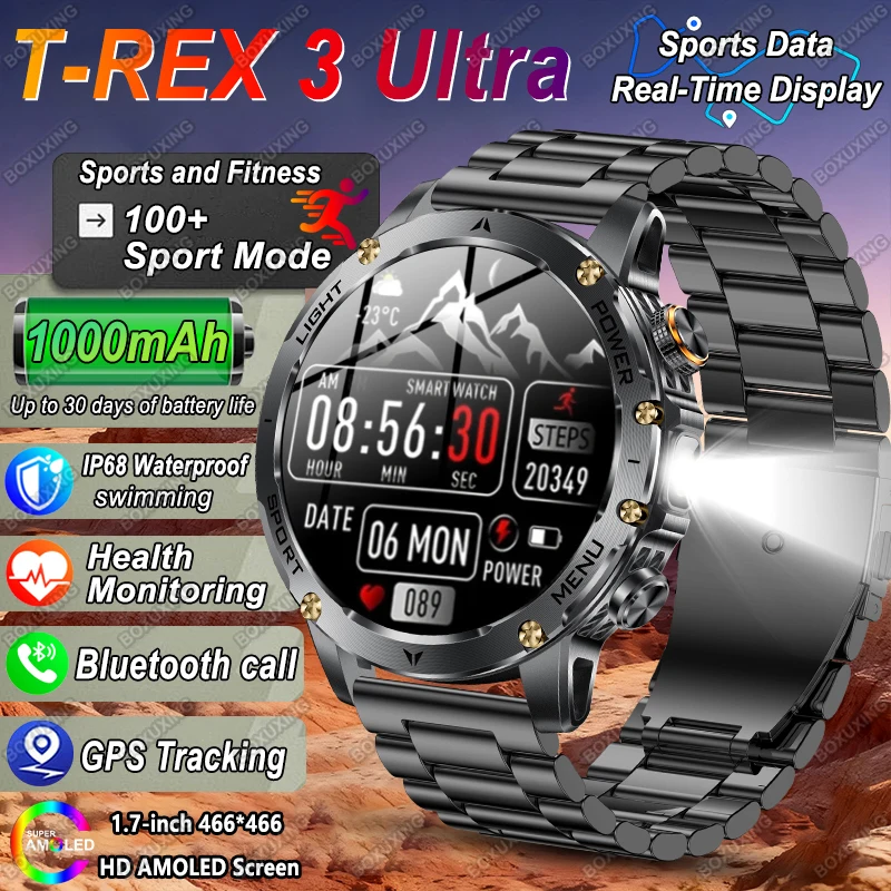 

New Outdoor 1000mAh Battery T-Rex 3 Military Grade Smart Watch Men IP69K Waterproof GPS AMOLED Bluetooth Call Sports Smartwatch