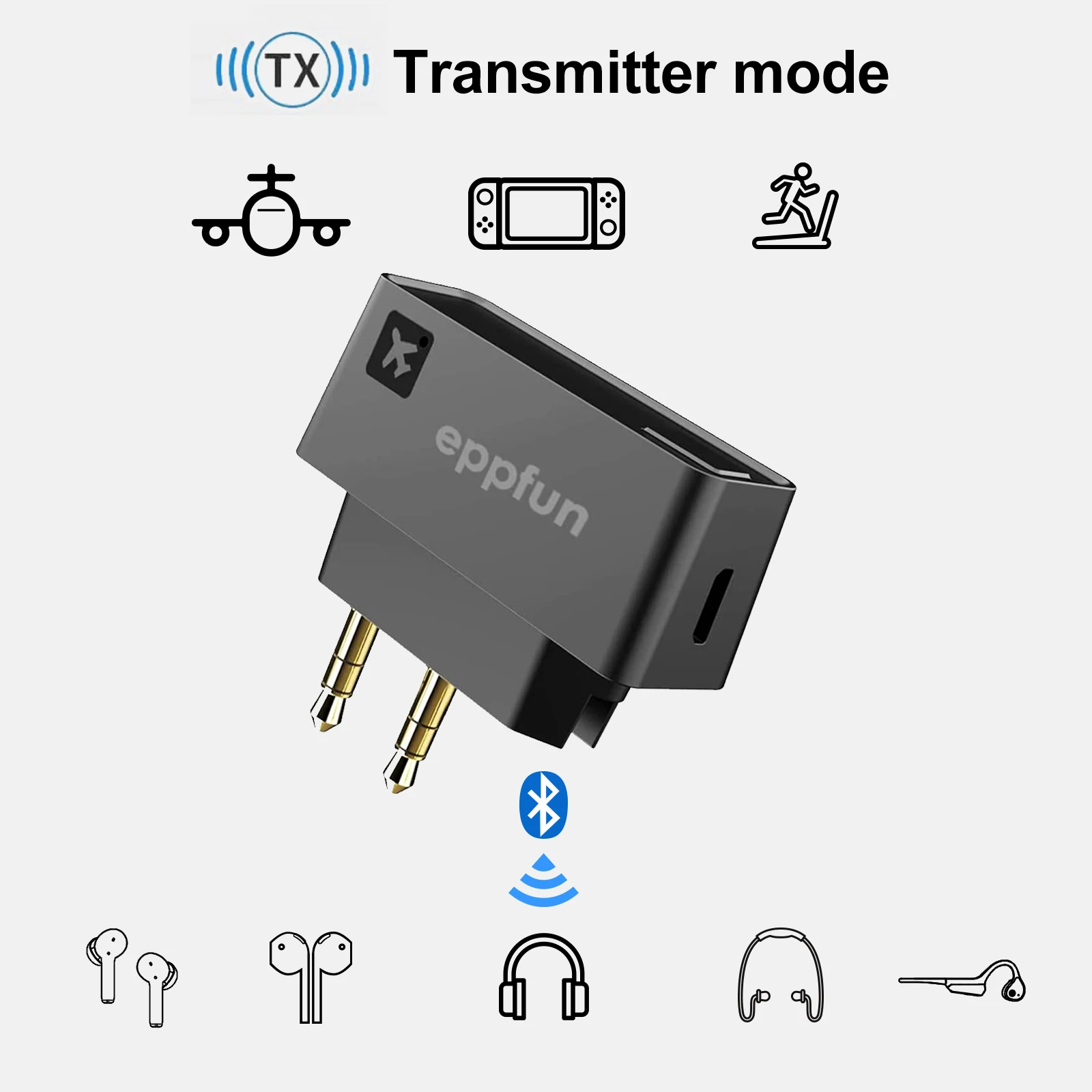 eppfun AK3046E Pro Wireless Bluetooth 5.2 Adapter for Airplane, with Aptx HD/LL/Adaptive Transmitter for Airpods, Headphones