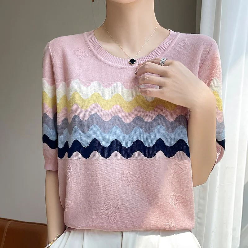 Women's T-shirt summer new Lyocell knitted casual color blocked sweater short sleeved loose round neck fashionable jacquard top