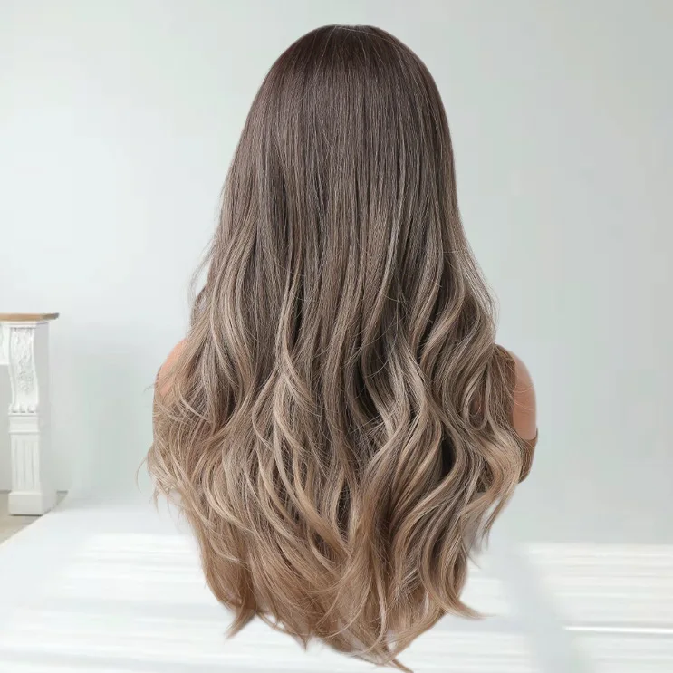 Moda cambio gradual color ondas medianas grandes pelo largo y rizado desgaste natural esponjoso estilo europeo y americano