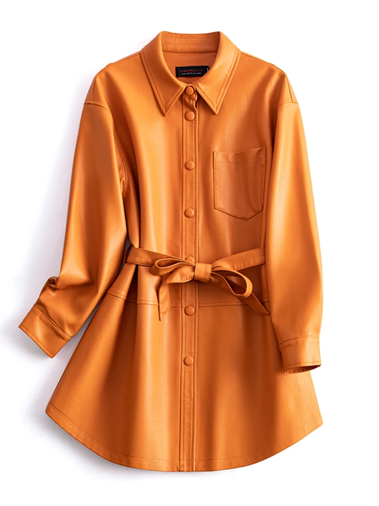 ファッショナブルなシープスキンレザージャケット女性のミッドレングス韓国スレルーズプラスサイズトレンディなウインドブレーカーコート春秋