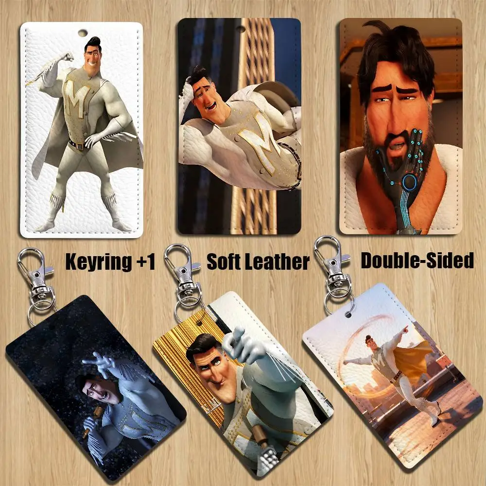 

M-Megamind energy Metro Man Rectangle ID Card Case Keychain Access Card Bag Key Tag Ring Leather Card Holder Key Ring Access