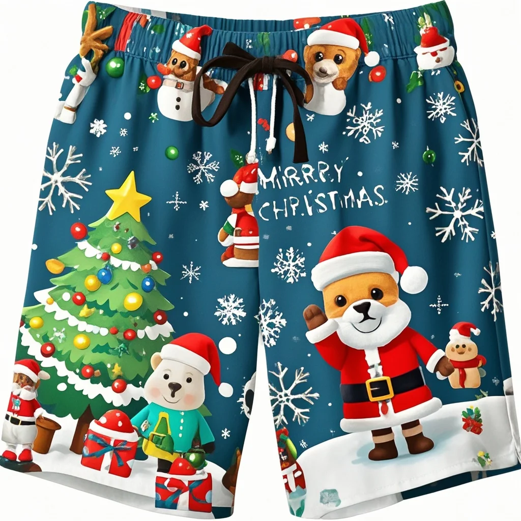 Fashion 3D Merry Christmas Printing Beach Shorts Santa Claus Xmas Christmas Trees Graphic Swimming Shorts Men Funny Board Shorts