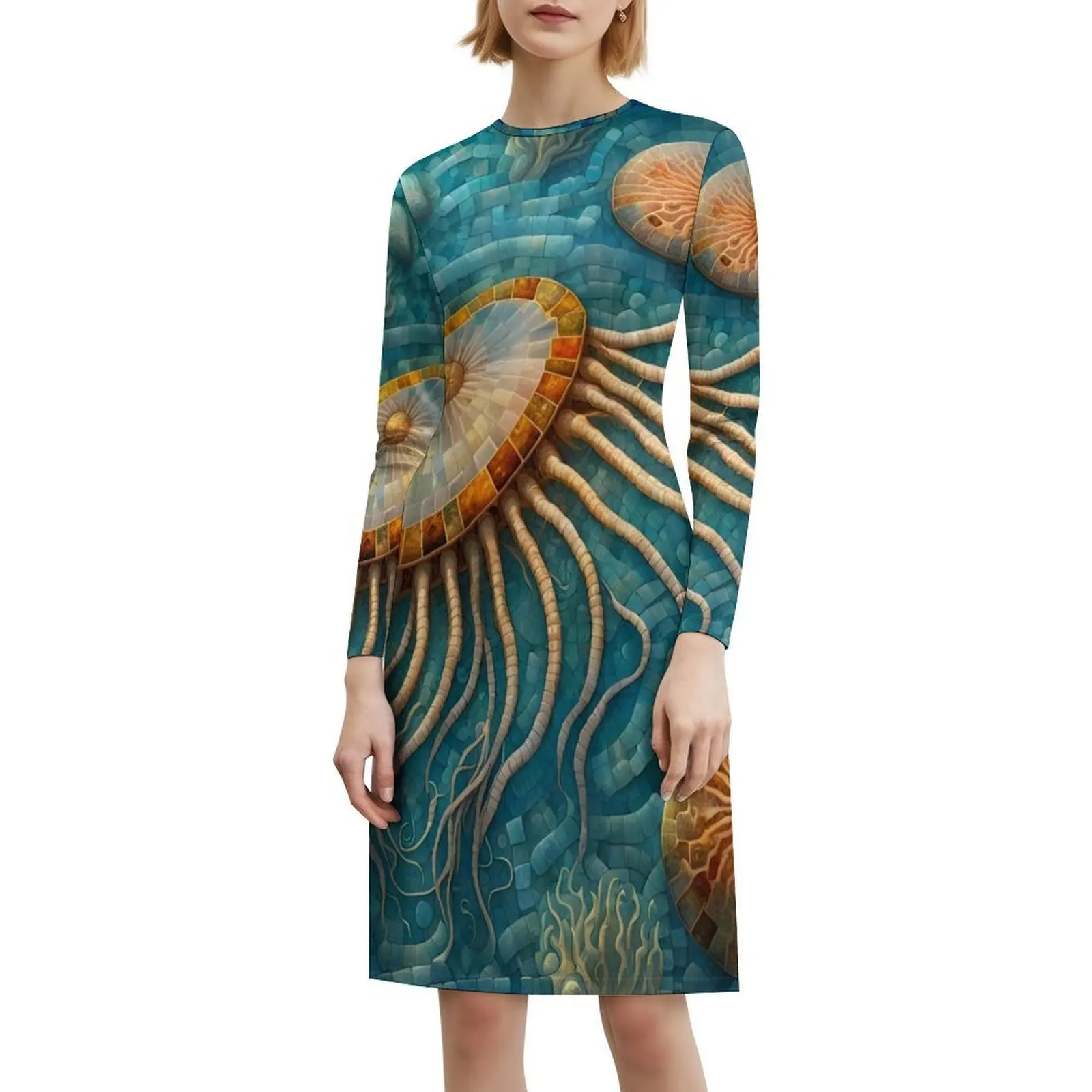 فستان قنديل البحر فسيفساء بوهيمي بدون أكمام للنساء مطبوع فساتين حفلات الشاطئ قنديل البحر فسيفساء تحت الماء المحيط الأزرق الإناث #6