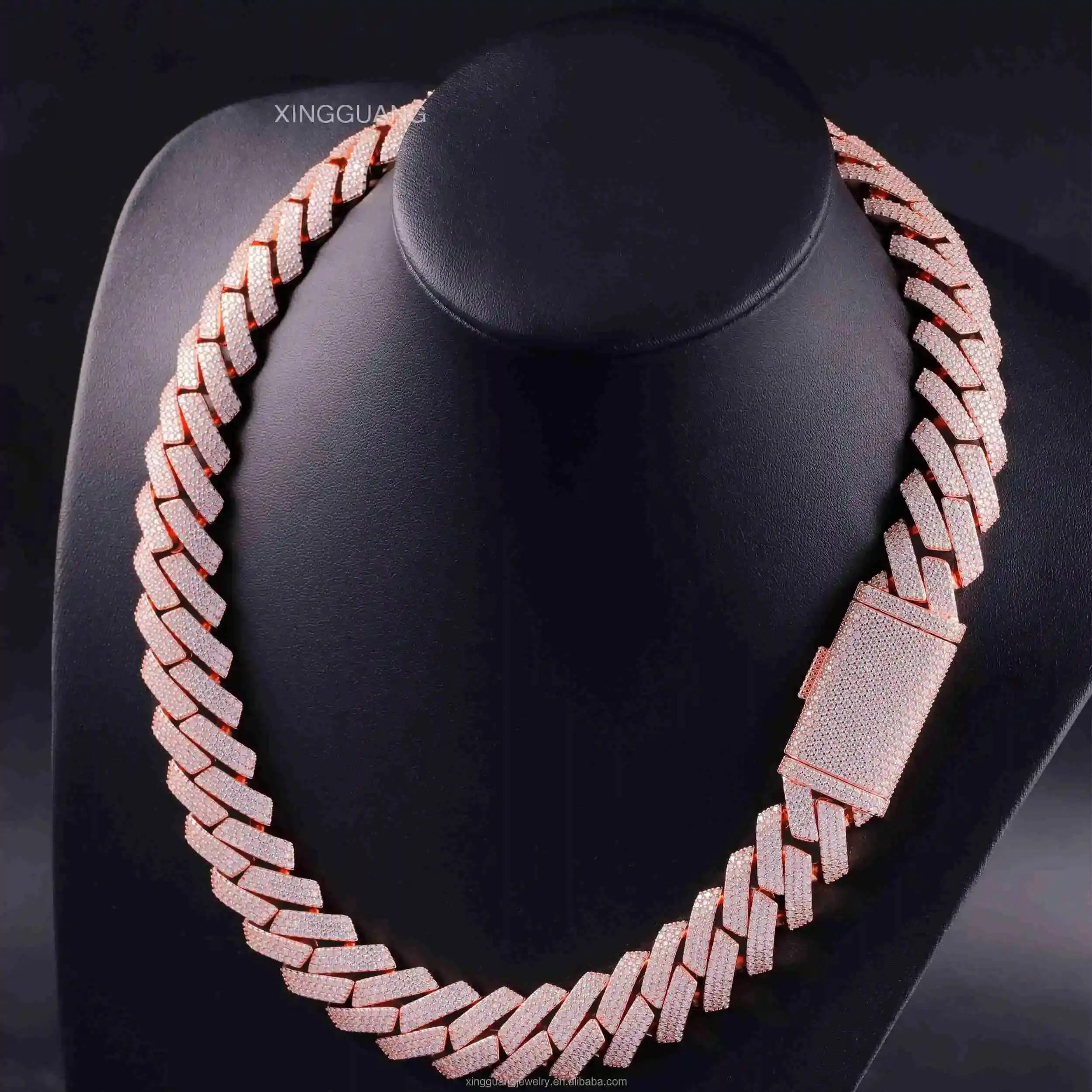 Luxury Factory Price 20mm Rose Gold Plated 3rows Cuban Chain S925 Silver With VVS Round Moissanite Hip Hop Necklace Cuban Link C