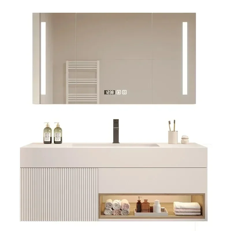 Modern Bathroom Vanity Combo Rock Plate Integrated Bathroom Cabinet Washbasin Smart Light Mirror Cabinet Luxury Furniture New