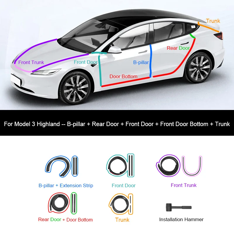 Für Tesla Model Y Juniper Türdichtungsstreifen, schalldichter Gummi-Dichtungsstreifen für die Abdichtung von Highland B-Säulen, Geräuschreduzierung