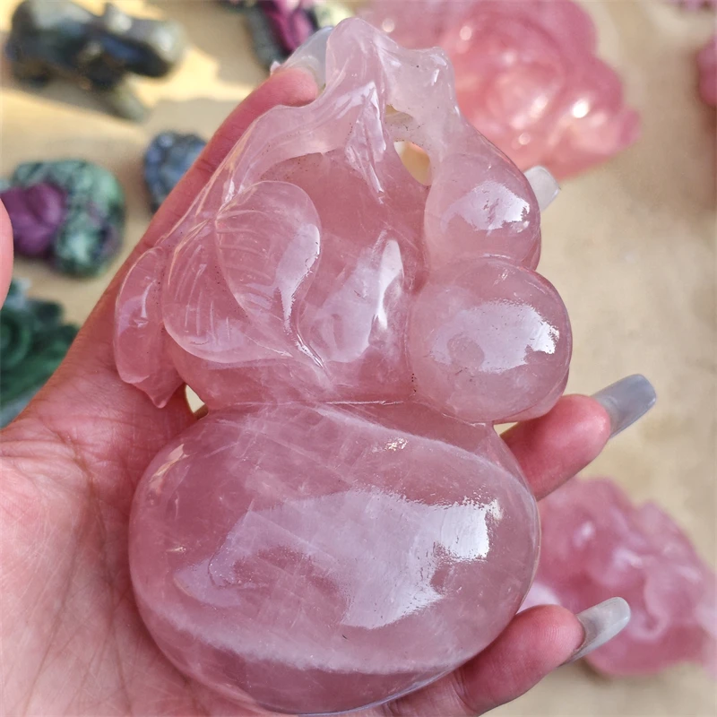 Natural Rose Quartz Gourd Carving Reiki Faith Handicraft Ornaments Healing Home Decoration Gift 1PCS