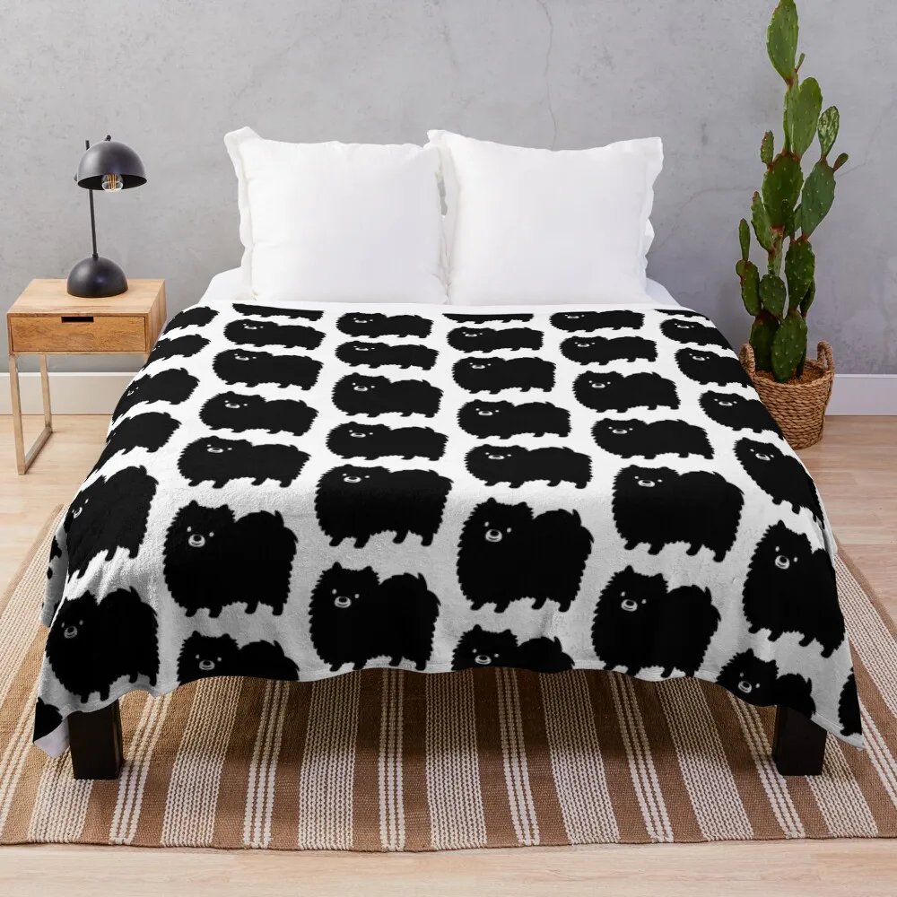 

Cute Fluffy Black Pomeranian Cartoon Dog Throw Blanket Flannel Fabric Sofa Warm Blankets