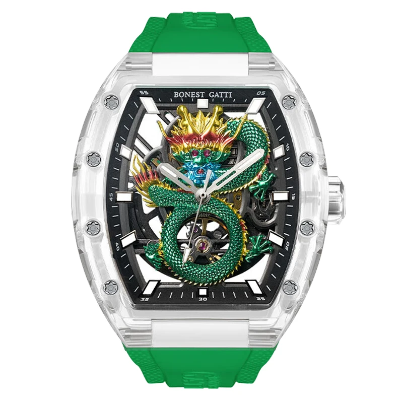 BONEST GATTI Men Automatic Watch Tonneau Mechanical Wristwatch Crystal Case Sapphire Luminous Fluororubber Strap Dragon Dial