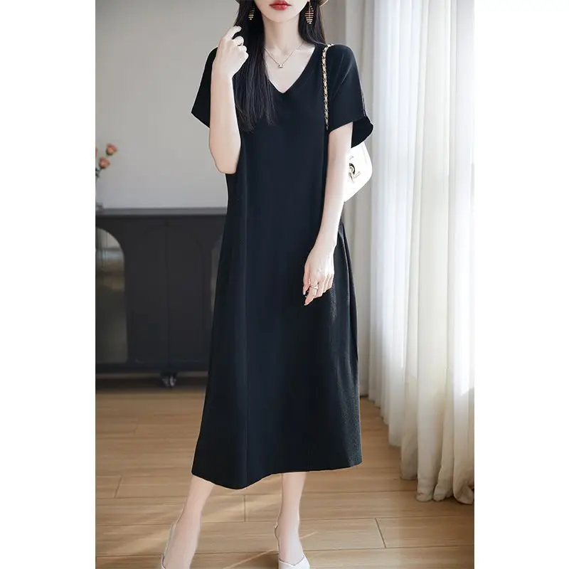 Ice Silk Loose Fit V-Neck Short Sleeve Pure Color Summer Dress Lightweight Draped Midi Skirt Slimming A-Line Gown Casual Wear
