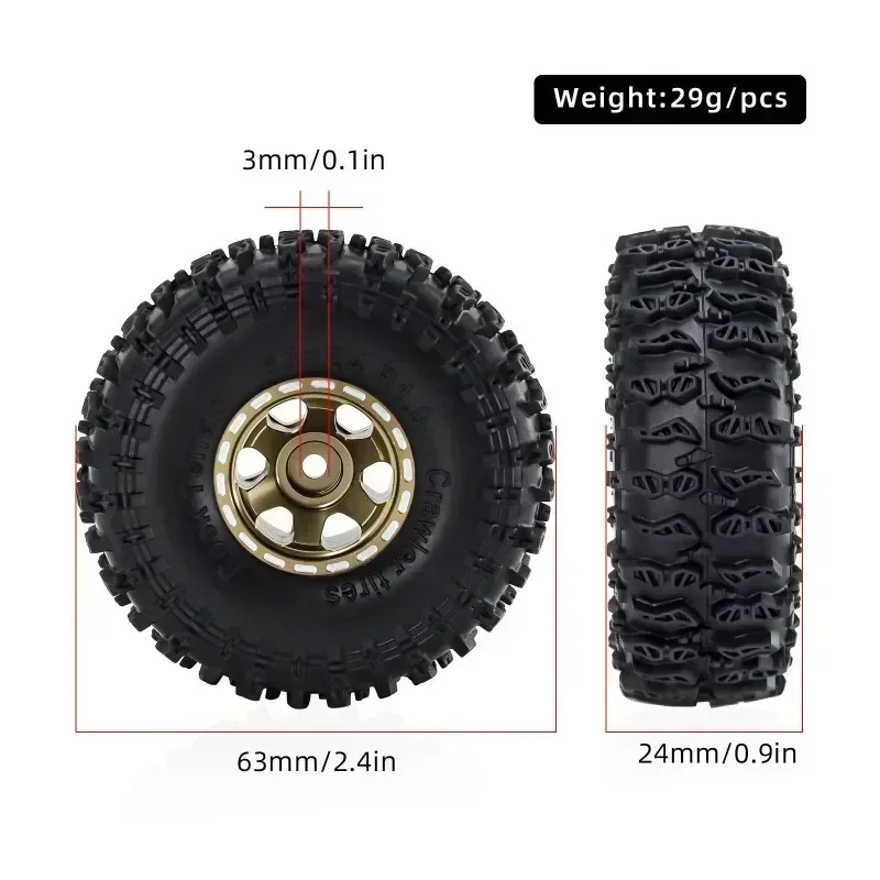 4개 63mm 1.0인치 메탈 비드락 휠 타이어 세트 1/18 1/24 RC 크롤러 자동차 TRX4M SCX24 AX24 FCX24 업그레이드 부품 액세서리