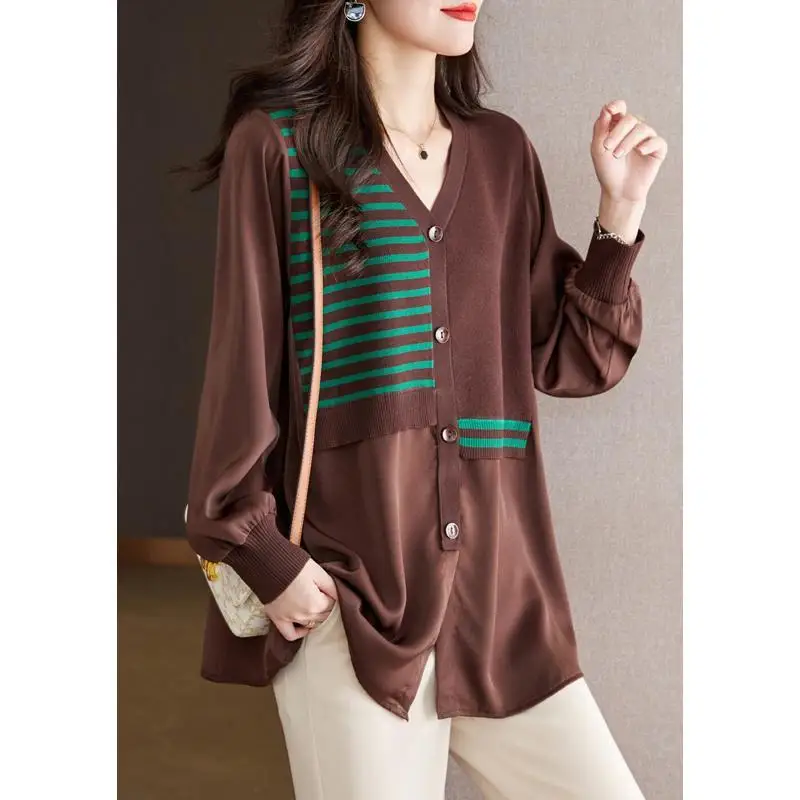 Fashion V-Neck Spliced Striped Asymmetrical Shirt Women\'s Clothing 2022 Autumn New Oversized Loose Casual Tops Korean Blouse