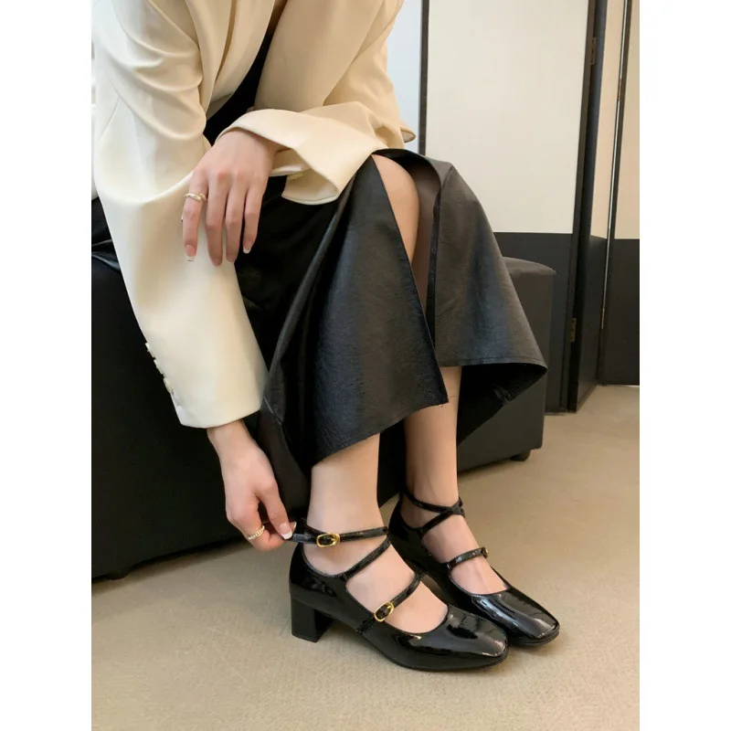 Square Toe Block Heels For Women Pumps Sandals Ladies Shallow Mouth Slip On Basketball Platform Lolita Shoes Lace-Up 2024 Chunky