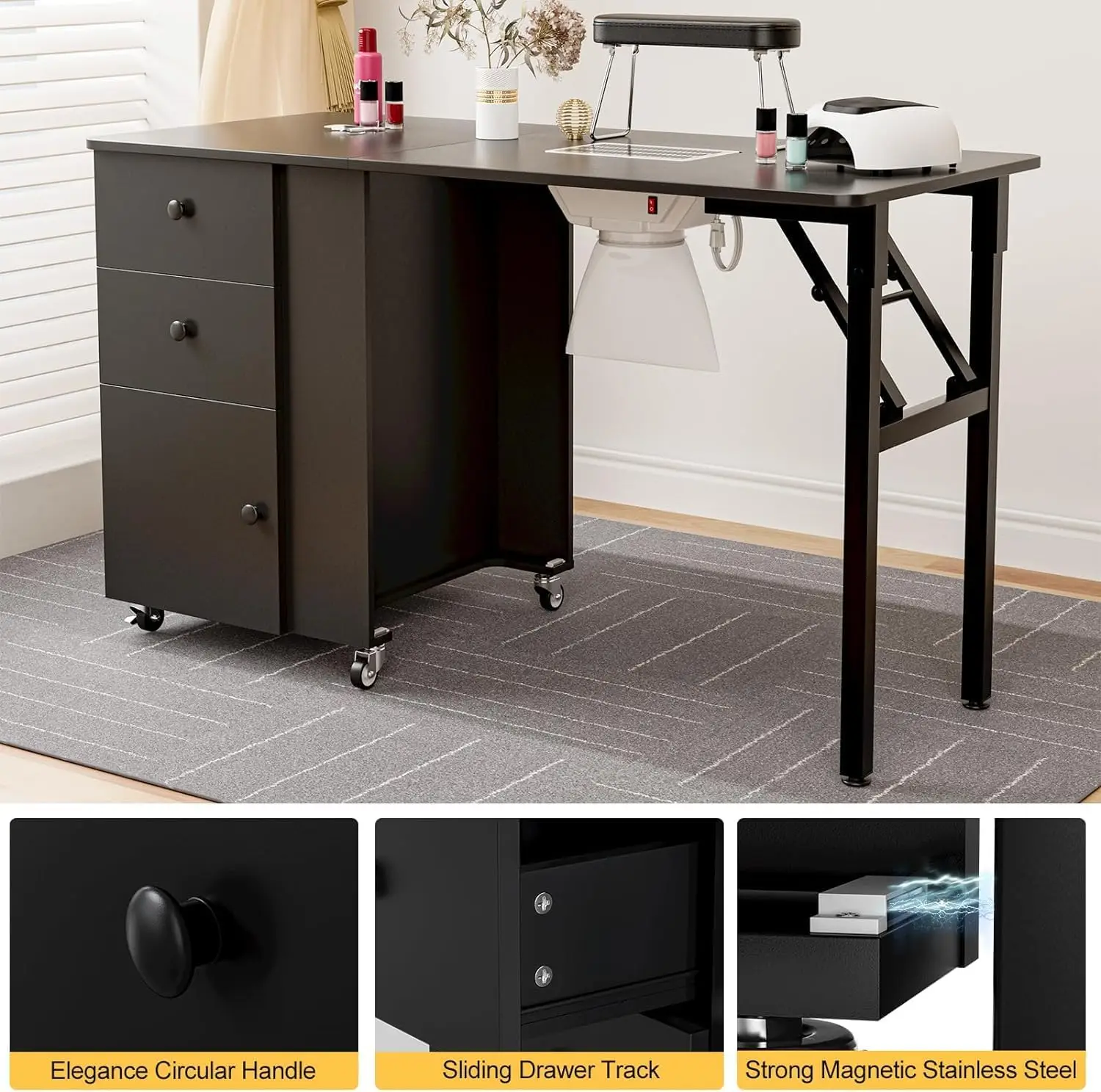 Foldable Manicure Table Nail Desk, Foldable Rolling Nail Table Station with Built-in Dust Collector, Adjustable Length