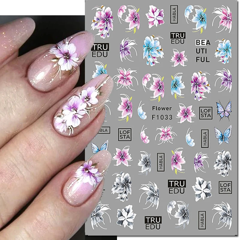 

3d Nail Art Stickers Purple Blue Grey Blossom Flowers Letters Adhesive Sliders Decals For Nails Decorations Manicures Beauty