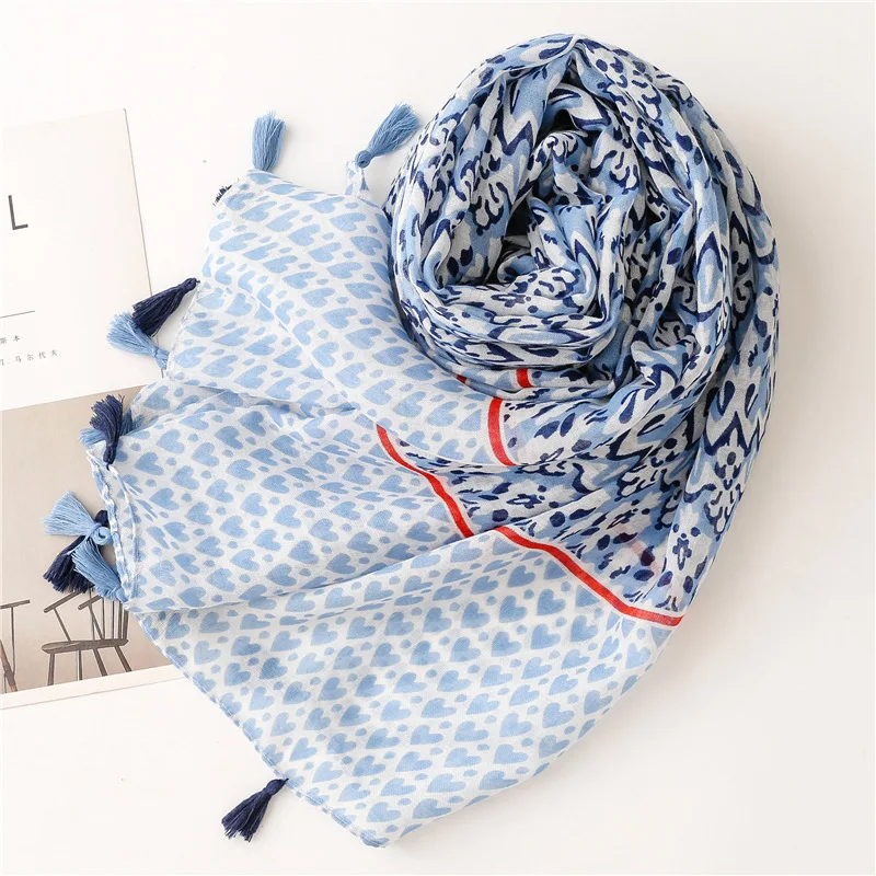 Winter accessories luxury brand woman scarf Korean fashion long blue love heart printed neck scarfs muslim hijabs