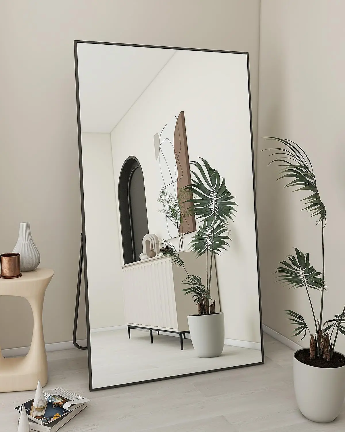 Full Length Floor Mirror with U-Shaped Stand Oversized Black Mirror Bedroom or Living Room ShatterVue Technology Wall and Floor