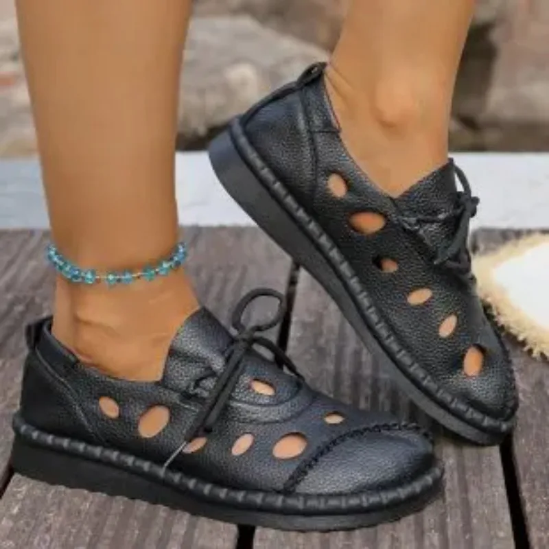 2025 صيف جديد الجوف التدريجي الدانتيل متابعة الصنادل النساء شقة زلة مقاومة الجلود البوهيمي اليدوية حذاء كاجوال مع نعل سميك #2