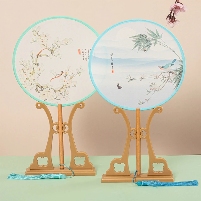 Chinese Round Hand Fan Holder Display Stand Rack Vintage Antique Handheld Folding Fan Bracket Detachable Base