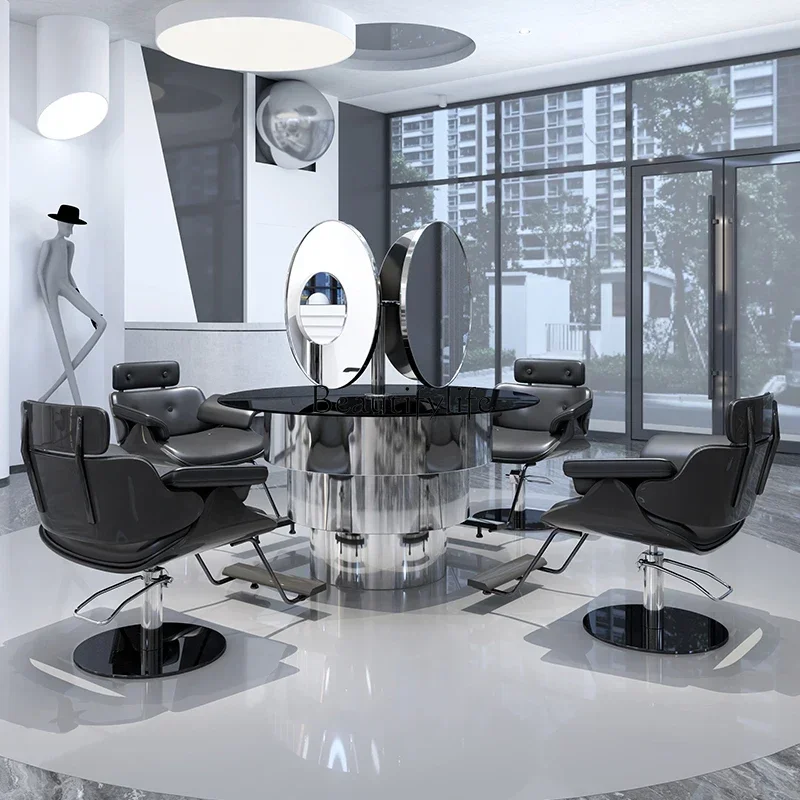 06Barber Shop Dressing Table Stainless Steel Glass Table Four-Side Mirror Integrated Hair Salon