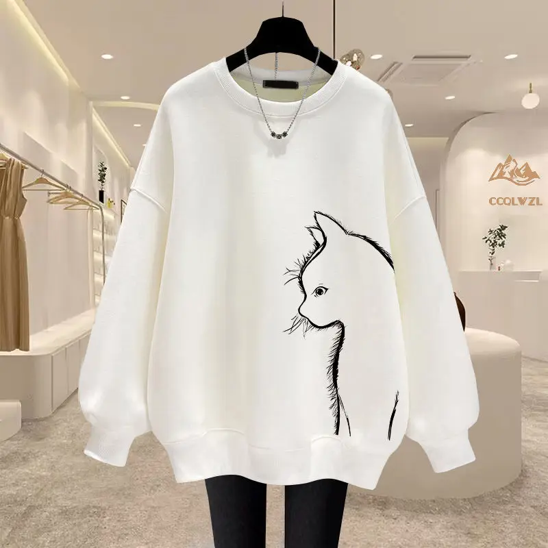 Oversized Black Print Hoodies Sweatshirts Spring Autumn New Long Sleeve O-Neck Loose Pullovers Tops Casual Fashion Women Clothes