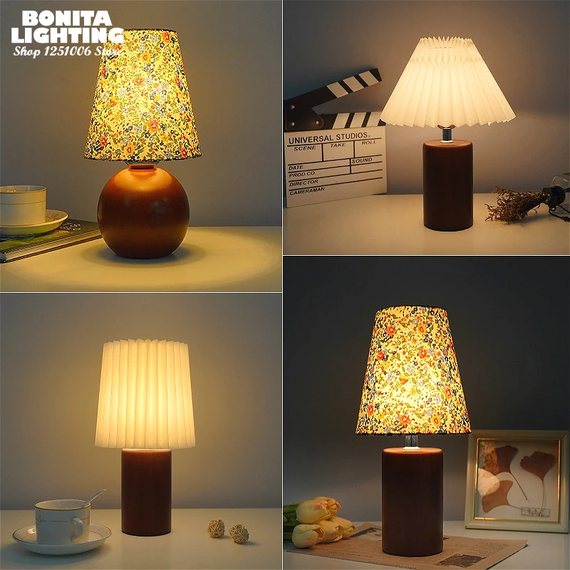 

Nordic Floral Table Lamp Vintage Pleated Fabric Shade Walnut Wood Base Dimmable Bedside Lamp for Home Decor Ambience Lighting