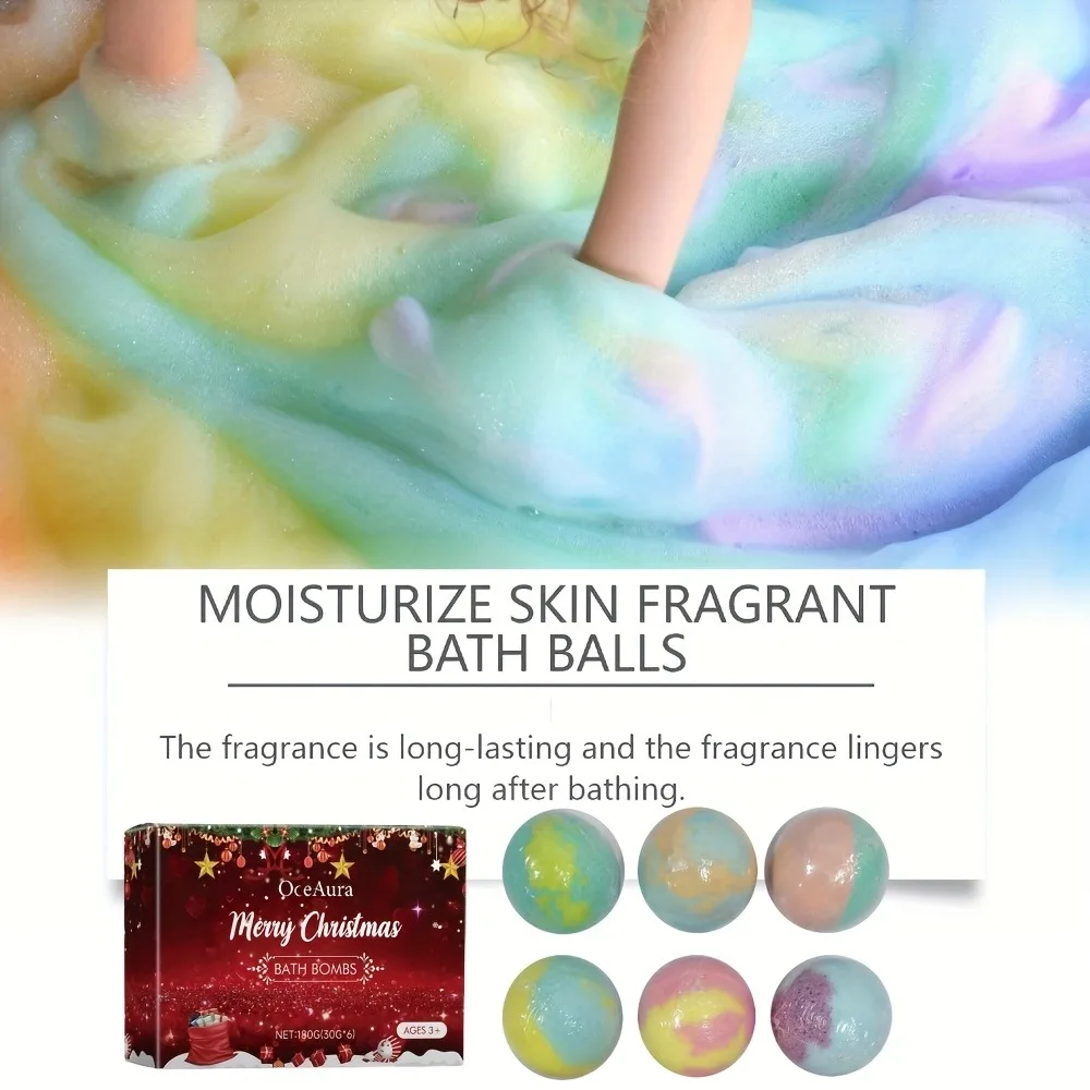 6pcs Festive Christmas Bath Bombs Gift Set, 30g Vibrant Colors Bath Salt Ball, Perfect Foam Bubble Balls for Relaxing Bath Time