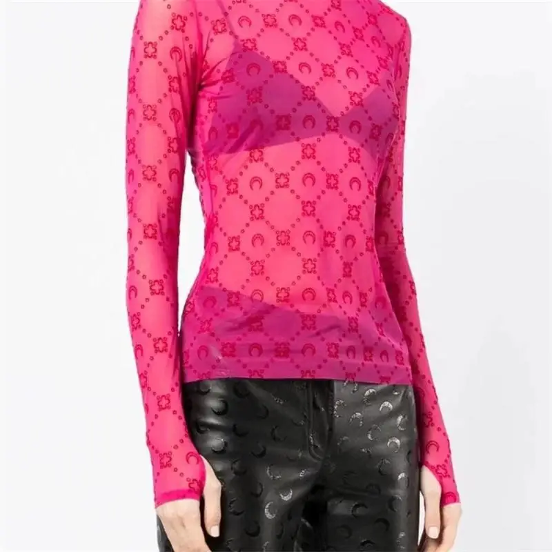 Y2k pura malha camiseta feminina lua impressão reunida blusa de manga longa nova moda sexy casual tule topo versátil chique