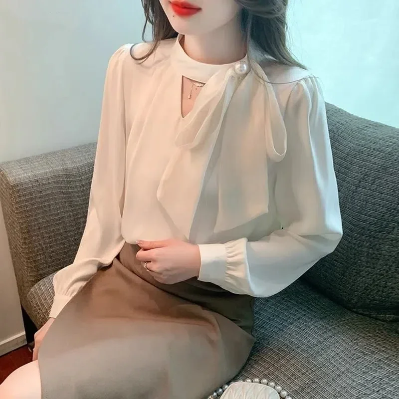 Büro Dame Chiffon Lose Jugend Bluse Frühling Herbst Langarm Solide Alle-spiel Elegante Hemd Tops Mode Koreanische Frauen kleidung