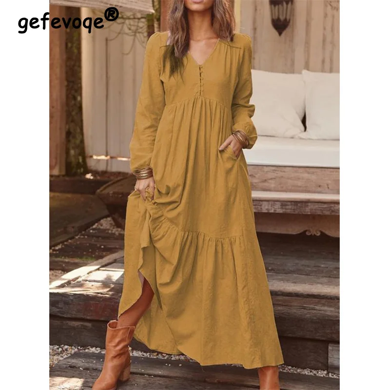 Polychrome Autumn and Winter 2023 Women's Clothing V-Neck Button Cotton Linen Retro Casual Long Sleeves Large Swing Long Dresses