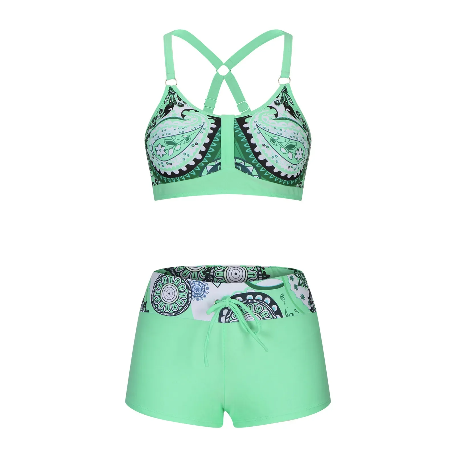 Sexy Push Up Two Piece Swimsuits Ruched High Waist Print Bikini Set Swimming Short Pant Holiday Two Pieces Bathing Suit
