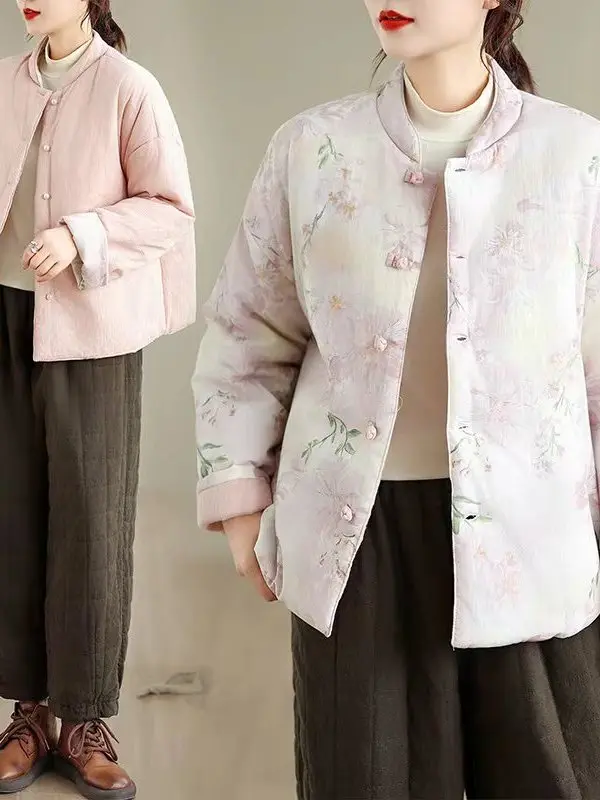 

Chinese Sle Cotton Jaet Double Sided Wear Large Size Thermal Print Long Sve Stand Collar Women's Coat with Button