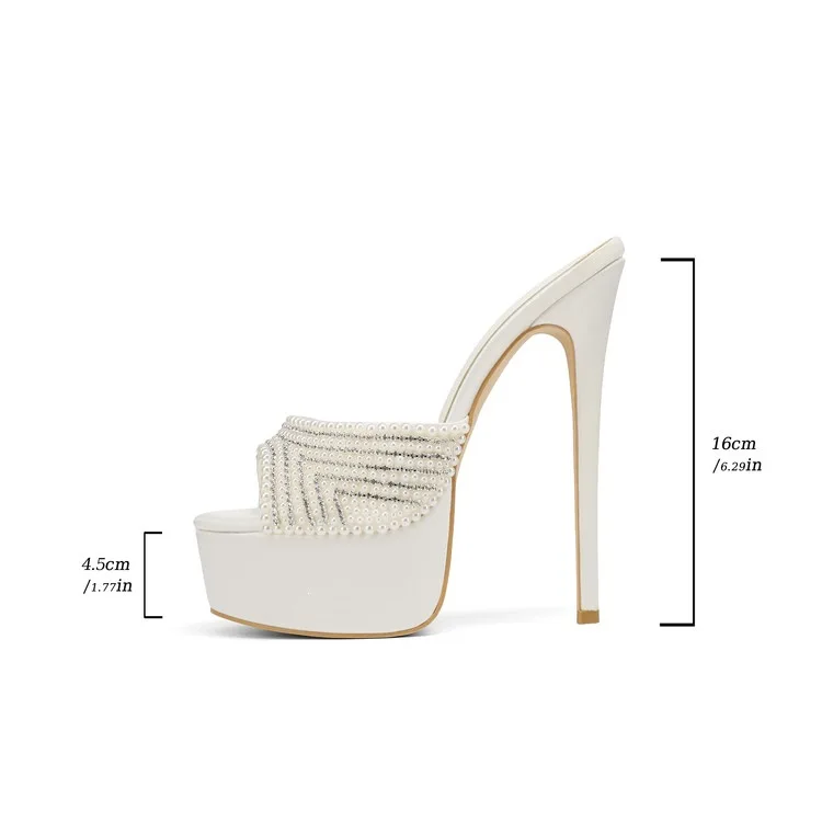 Women's white pearls Wedding sandals sexy platform leather 16cm plus size high heels party dress slippers caystal shoes view 5