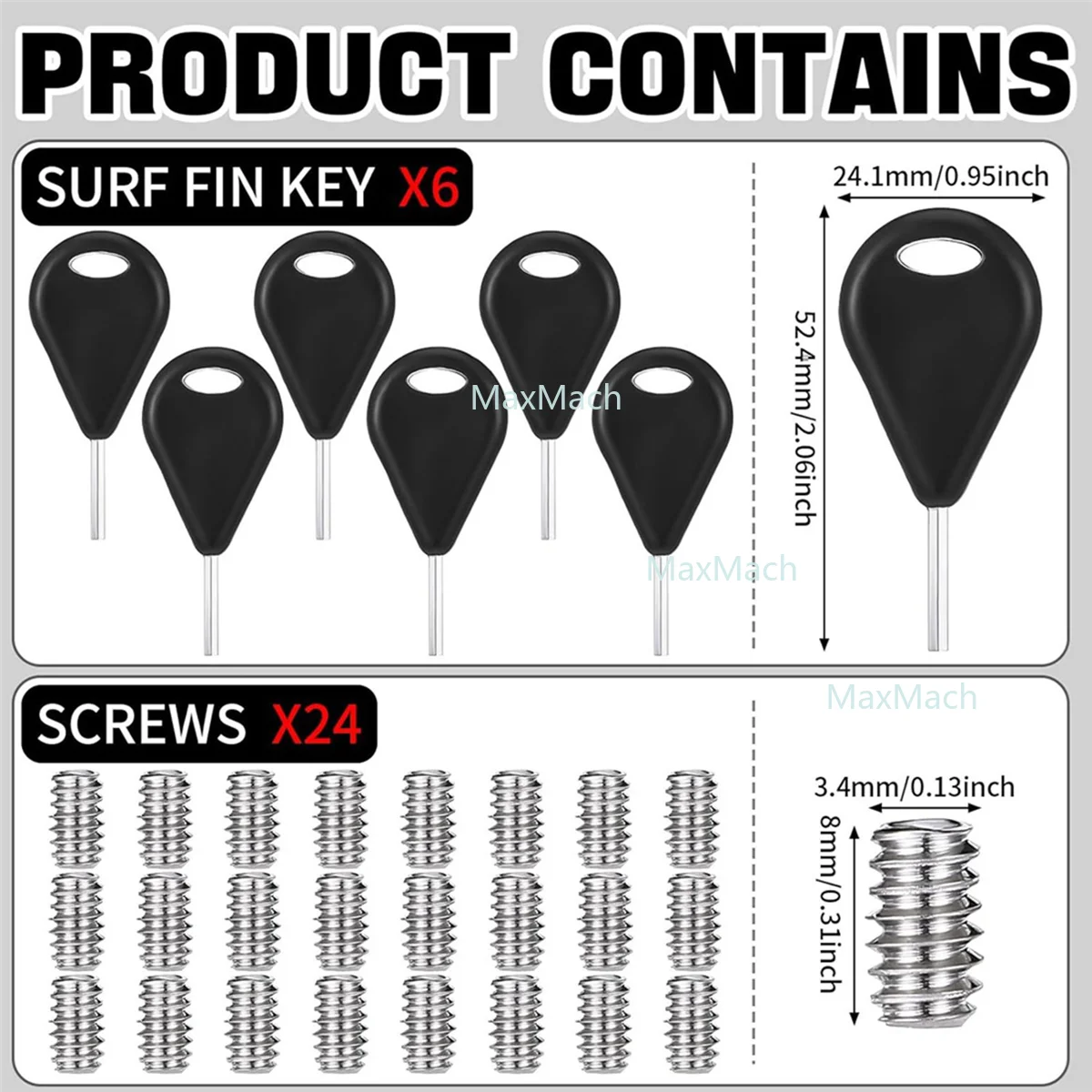 A72Z 12 Pcs Surf Fin Key Surfing Surf Fin Key with 48 Pcs Fin Screws Universal Hexagon Surfboard  Key Replacement
