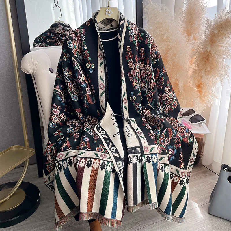 Scarf Women Vintage Floral Jacquard Large Shawl Autumn Winter Double Sided Thick Wrap Colorful Fringe Tassel Outerwear