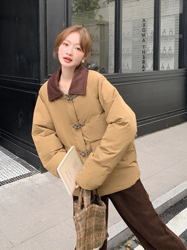 레트로 한국 스타일 컬러 블록 다운 재킷 여성용 겨울 흰색 다운 코트 따뜻하고 멋스러운 스트레이트 컷