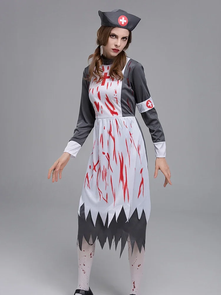 Women Medieval Vintage Corpse Nurse Costume Adult Dead Zombie Halloween Horror Scary Fancy Dress Outfit