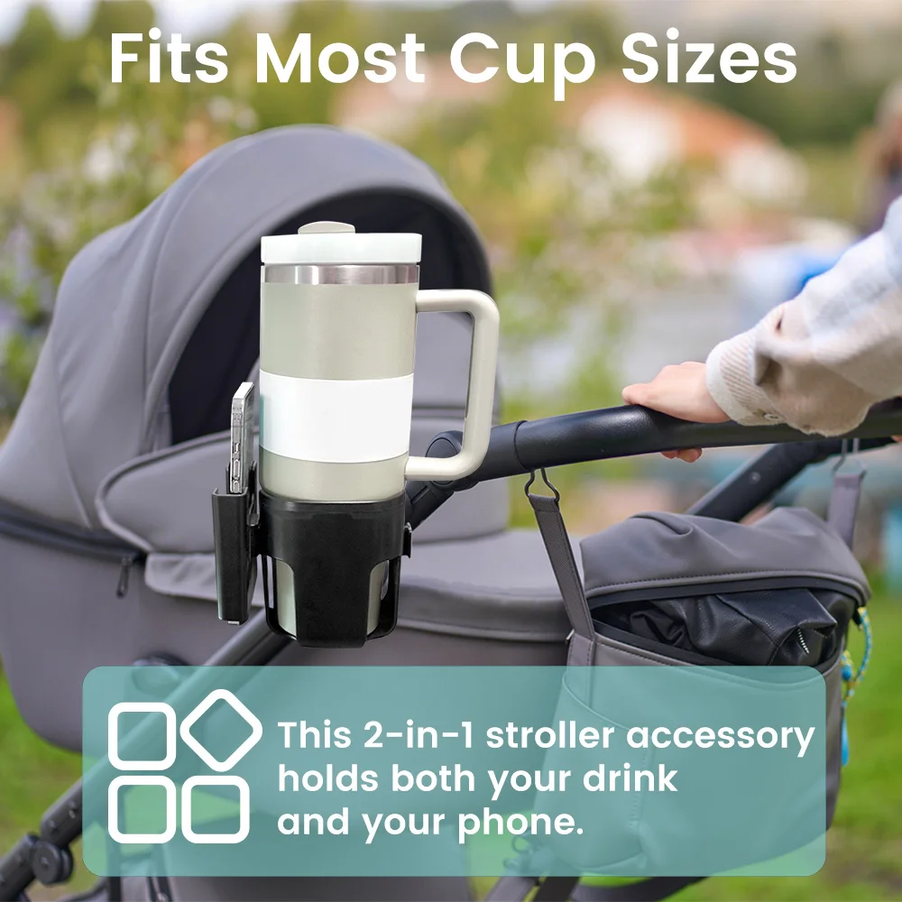 Universal Cup Holder for Baby Strollers, 360° Rotatable Strong Clip, 2-in-1 Cup Phone Holder for Strolle,Bike, Wheelchair