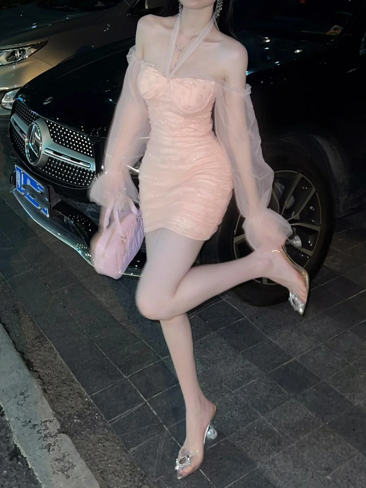 

Princ Sle Long Sve Bridesmaid Dr Pink Sexy Bodycon Skirt Birthday Par Gown High Waist Polyester Fabric All Seasons