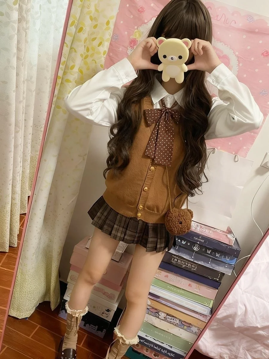 

Коричневый японский вязаный свитер в стиле JK, школьный кардиган, жилет, топ, комплект с юбкой, модный студенческий образ