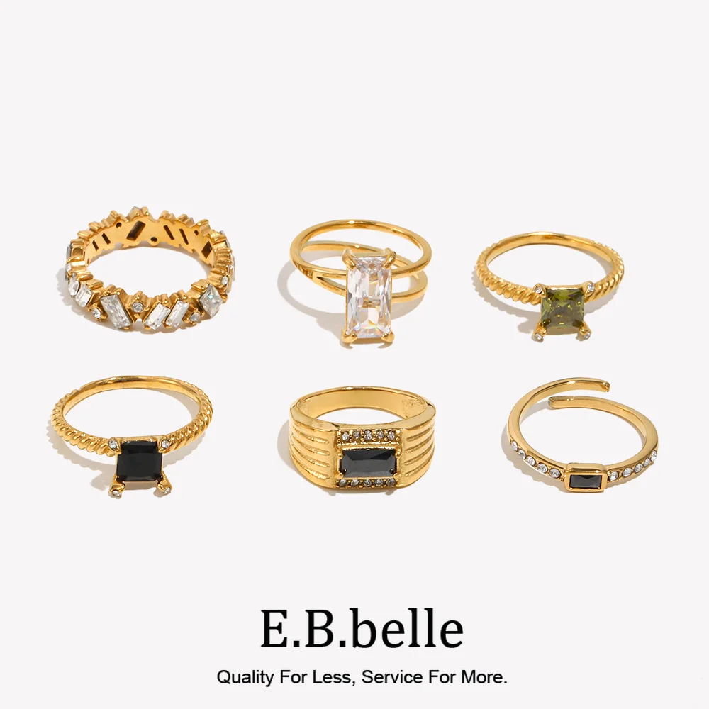 E.B.belle Vintage Black Green Zircon Open Rings Adjustable Thin Band Stainless Steel Rings For Women Elegant Jewelry Ladies Gift