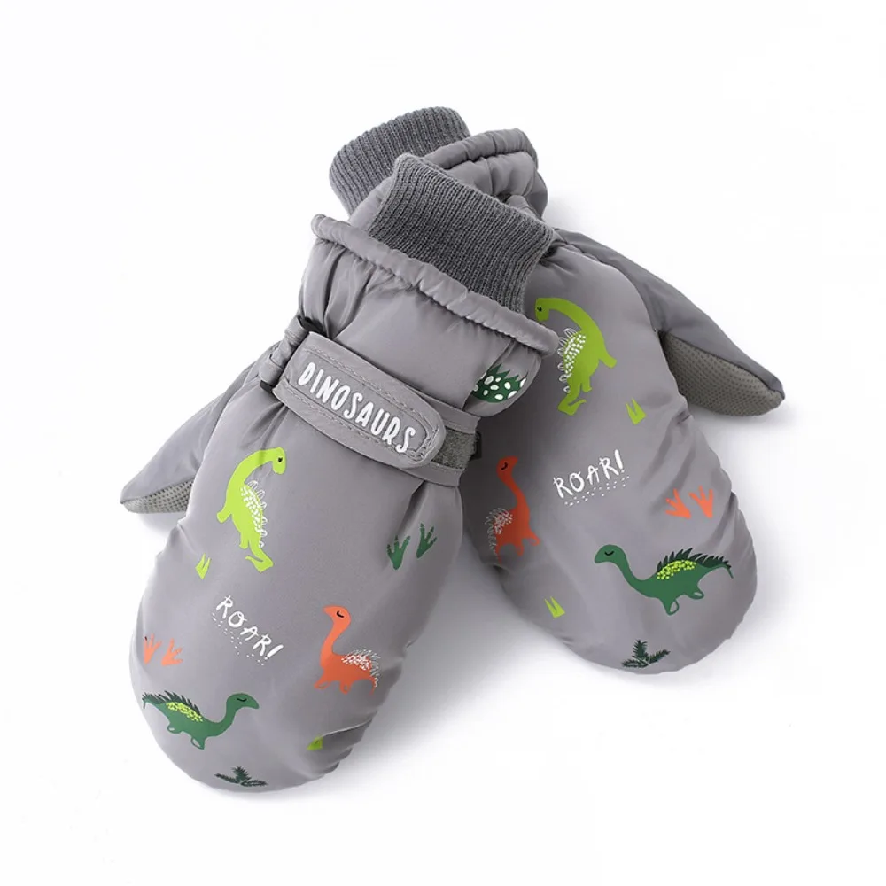 Cartoon Dinosaur Ski Gloves Windproof Waterproof Velvet Warm Gloves Lining Thickened Thermal Snow Gloves For Boy Girl Children